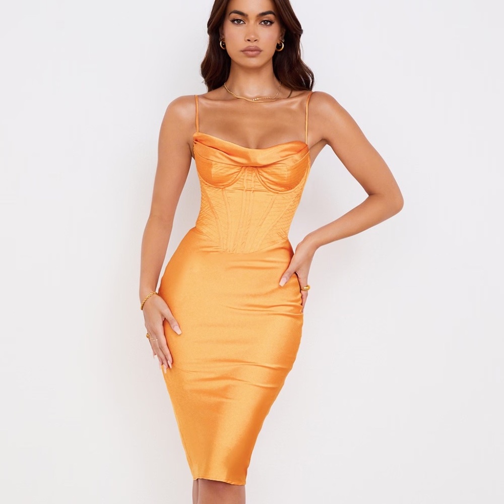 House of CB MYRNA Tangerine Satin Corset Midi Dress - - XS - NWT